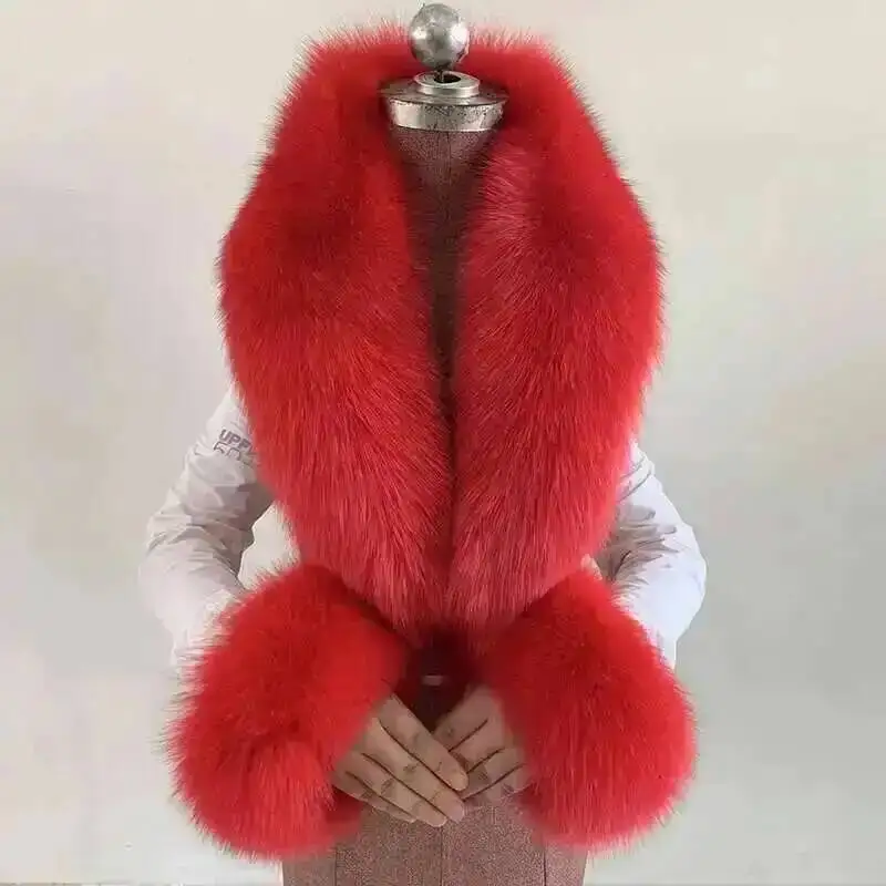 Women Winter 100% Natural Fox Fur Scarf And Cuff Set Jacket Collar Neck Warm Luxury Furry Scarves Warmers Fluffy Long Shawl
