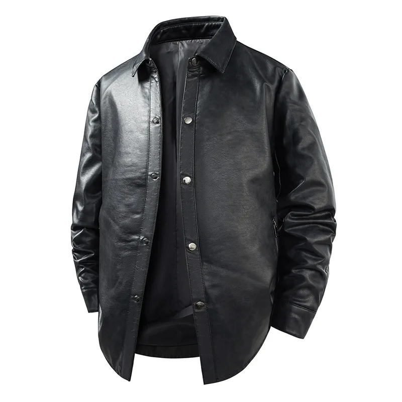 

Autumn Men Leather Coat Vintage Solid Color Turn Down Collar Male Outerwar Motorcycle Punk Single-breasted Man Jacket