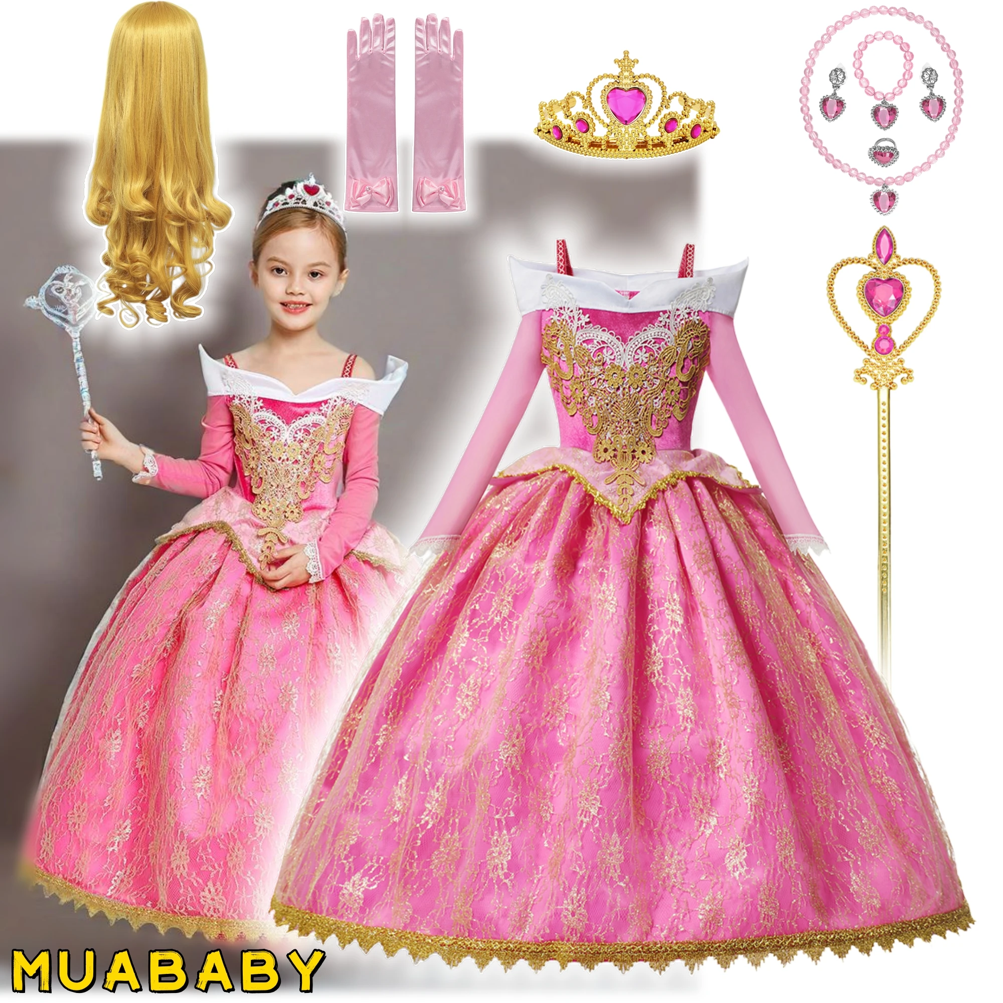 Muababy Sleeping Beauty Pink Dress Off Shoulder Long Sleeves Gown for Girls Princess Costume Halloween Party Cosplay Kids 2-8Y