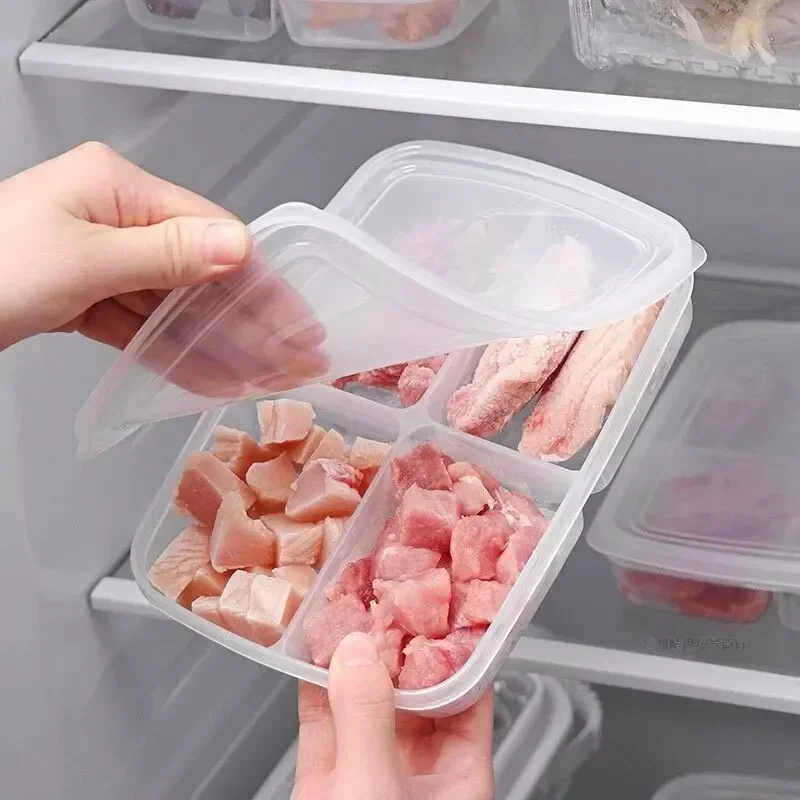 4 Grids Food Storage Box Portable Compartment Refrigerator Freezer Organizers Sub-Packed Meat Onion Ginger Clear Kitchen Tool1PC