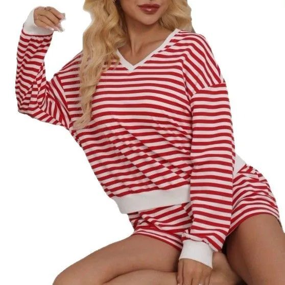 Sommer Neue frauen Casual Gestreiften Anzug Lange ärmeln V-ausschnitt Lose Top Sport Shorts 2-stück Anzug Weibliche