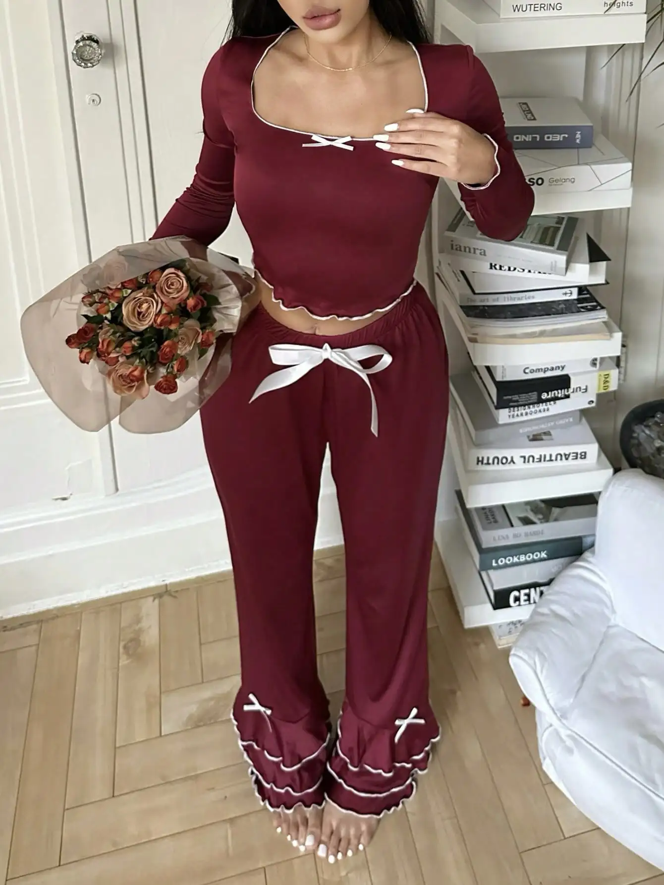 

Women's Burgundy Ruffle Trim Pajama Set with Square Neck and Bow Detail