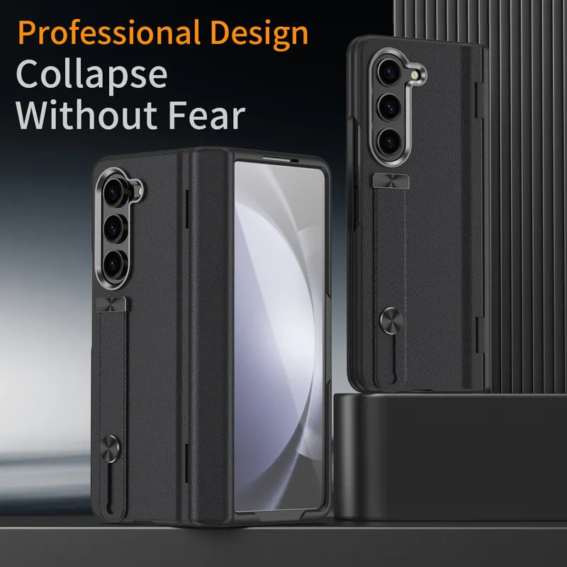 

For Samsung Galaxy Z Fold 6 5 4 Finger Ring Case ELVEV Luxury Classic Leather Folding Cover with Glass