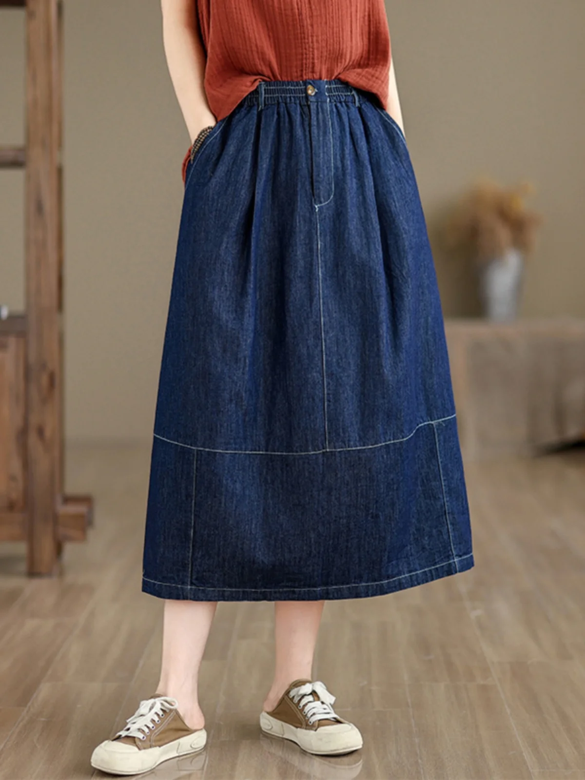 Women Summer Elastic Waisted Denim Skirt Fashion Split Versatile A-line Midi Skirt Solid Simple Blue Loose High Waist Skirt