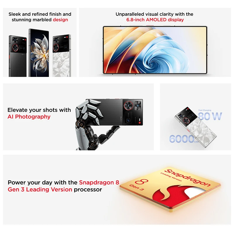 ZTE Nubia Z60 Ultra Leading Version Smartphone 5G Snapdragon 8 Gen 3 Leading Version 6.8\'\' 120Hz AMOLED Screen 80W Fast Charging 64MP Camera NFC