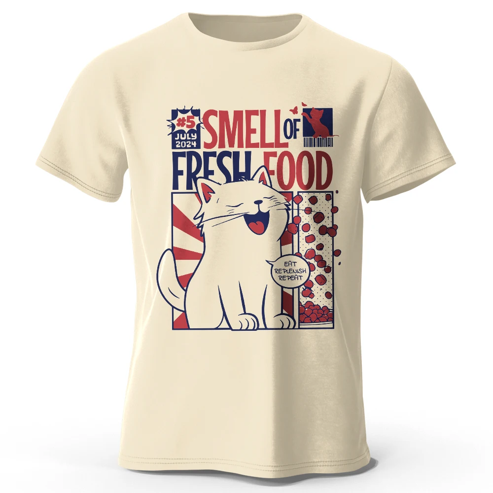 Men's Cat Printed T-Shirt 100% Organic Cotton Relaxed Fit Hand Painted Design Tee for Adults Quirky Fashion