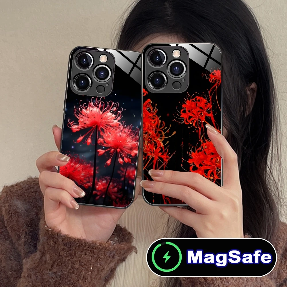 Red Spider Lily Color Mobile Cell Phone Case for iPhone 16 15 14 13 12 11 Pro Max Plus Mini MagSafe Wireless Charging Glass Cove