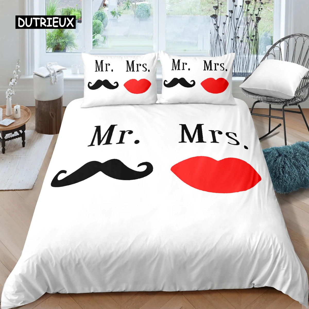 

Mr and Mrs Duvet Cover Set Queen Size Mustache Red Lips Couple Romantic Theme Comforter Cover for Lover Microfiber Bedding Set