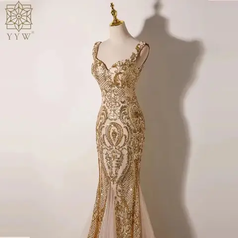 Gold Sequined V Neck Evening Dress YYW