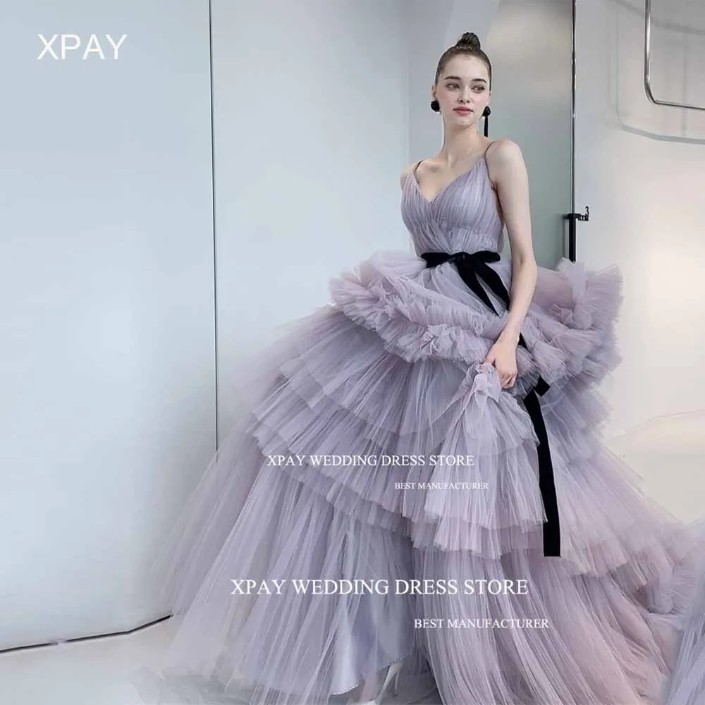 XPAY Princess Purple V Neck Korea Wedding Dresses A Line Ruffles Tiered Bridal Gown Photo Shoot Backless Black Belt Bride Dress