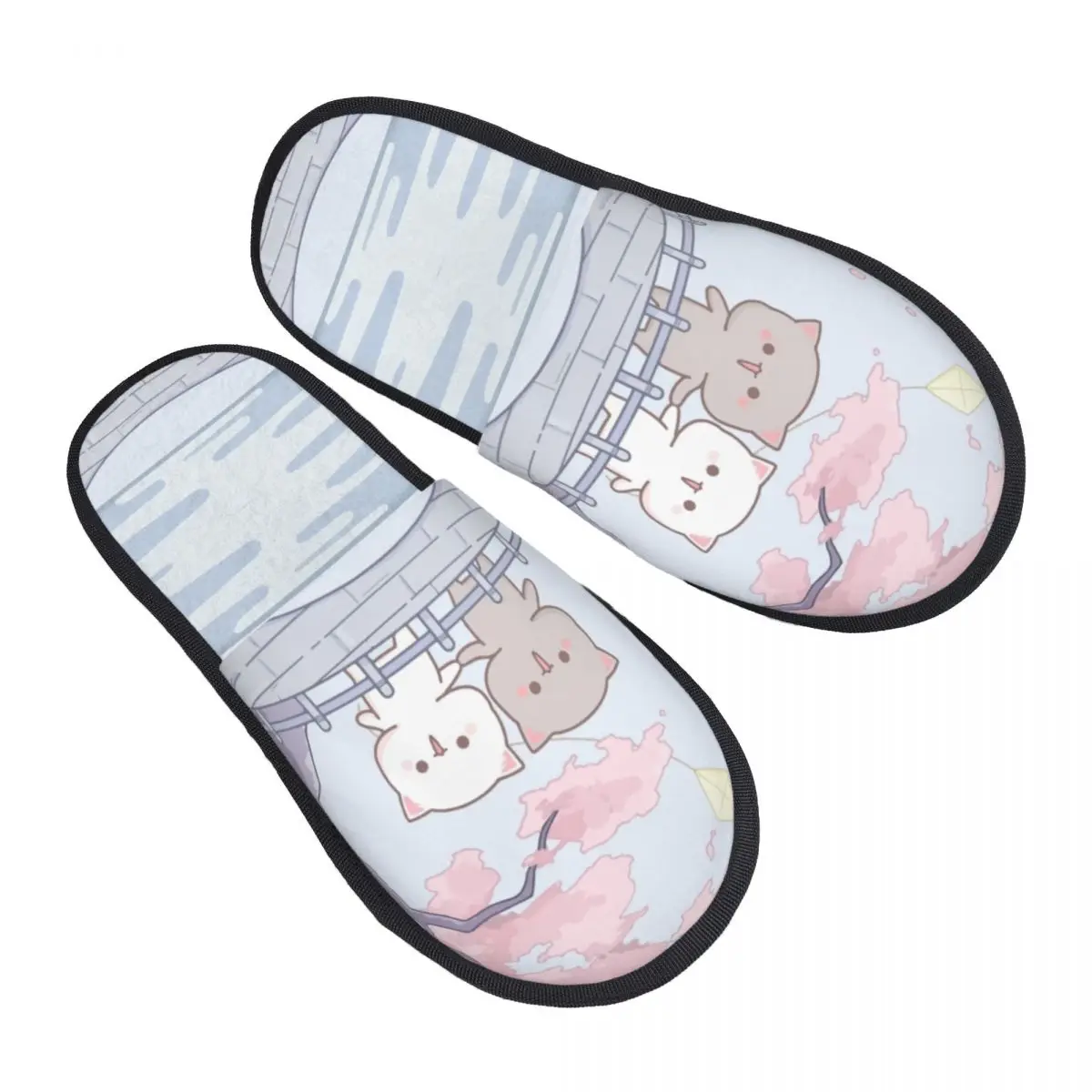 Custom Romantic Peach And Goma Mochi Cat Soft Memory Foam House Slippers Women Comfy Warm Anti-Skid Slipper