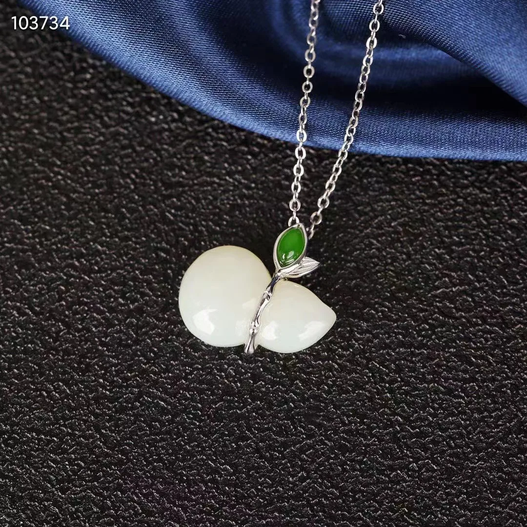 Natural 100% real Sterling Silver necklace mosaic white hetian jade gourd Bless peace pendant jewellery for woman gifts luckly