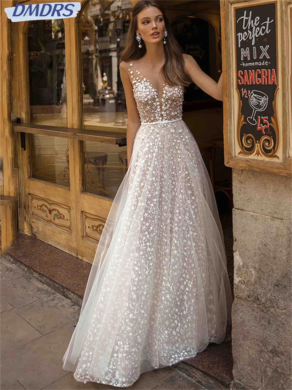 Klassische A-Linie Spitze Brautkleider Sexy Strand Brautkleid Glamouröses Boho bodenlanges Partykleid Kleider Vestidos De