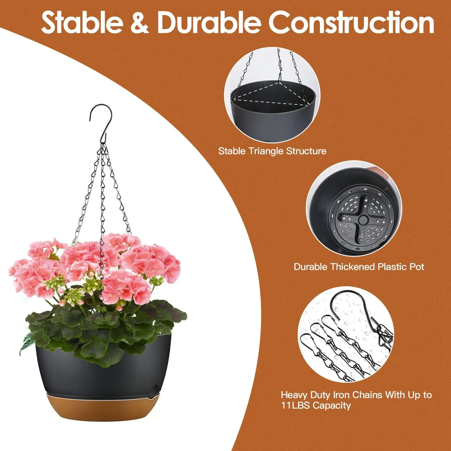 4Pcs 9.64In Diameter Hanging Planter with Drainage Holes Removable Self-Watering Tray Plastic Hanging Flower Plant Pots For Indo