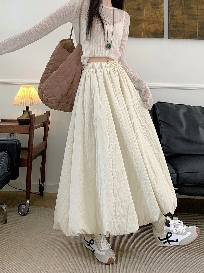 

Autumn and winter new Korean version A-line flower bud skirt, mid length skirt, fashionable cotton sandwich skirt