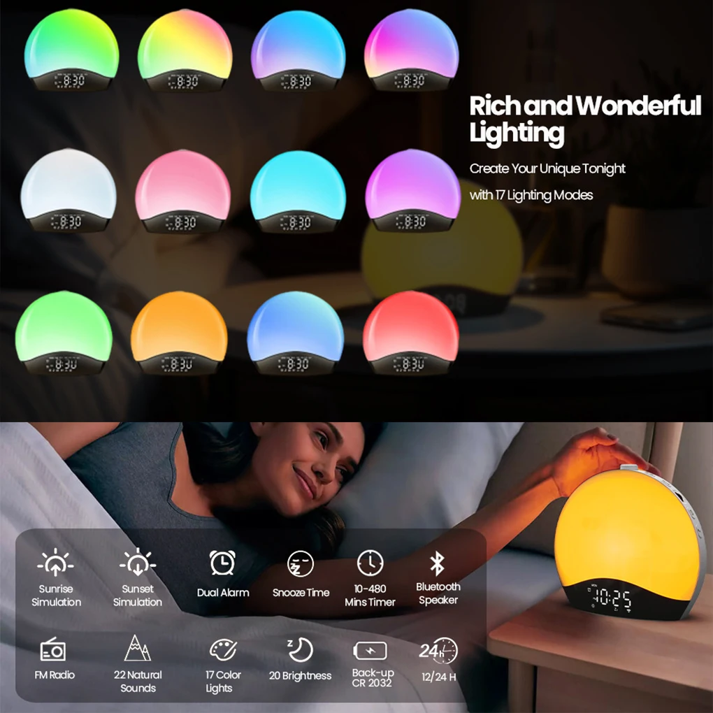 متعددة الوظائف على مدار الساعة الصحوة الاستيقاظ شروق الشمس ساعة تنبيه عكس الضوء النوم الموقت أضواء ليلية مع 3 حلقة 8 ضوء الليل 26 الصوت #5