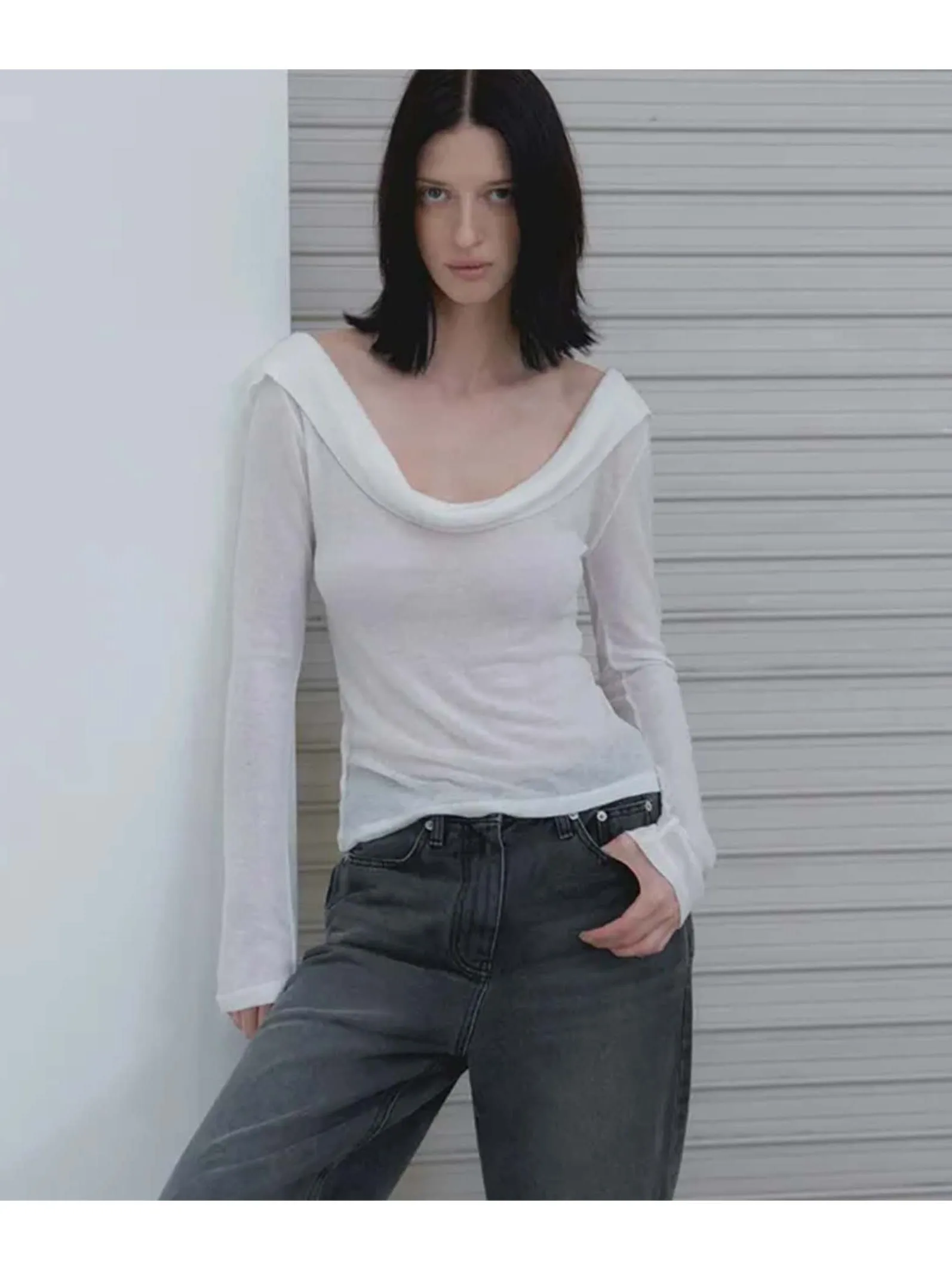 Charming Long Sleeve T-Shirt Women's Base Layer One-Shoulder Design Unique Collar Casual Style Standard Fit Wool 100%