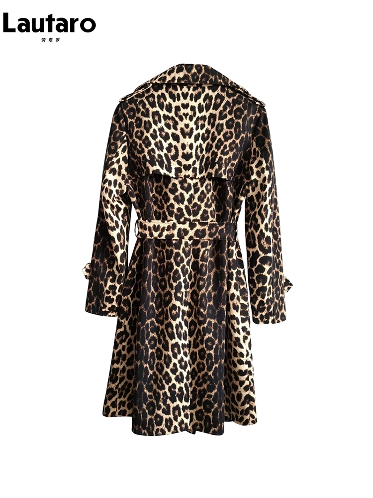 Lautaro Spring Autumn Long Stylish Leopard Print Trench Coat for Women Belt Double Breasted Casual Luxury Designer Clothes 2023