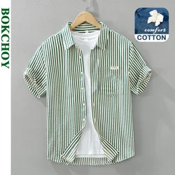 2024 Spring Summer New Simple Fresh Striped Short Sleeve Shirts Men Clothing Casual Cotton Thin Comfortable Streetwear CM8021