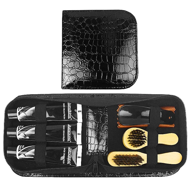 8pcs Shoe Shine Care Kit Black & Transparent Polish Brush Set Home Genuine Leather Shoe Care Set Polish Tool with Bag