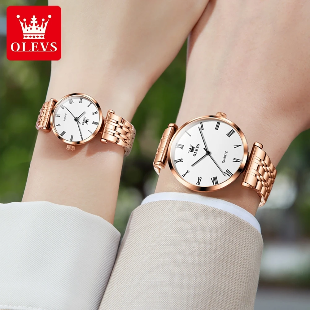 OLEVS-Montre de Couple à Quartz Étanche pour Homme et Femme, Bracelet en Acier Inoxydable, Or Rose, Amoureux, Marque de Luxe, Nouvelle Mode, 2024