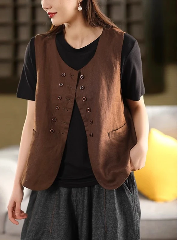 Cotone sciolto e lino da donna Svel a doppio bottone Jaet Top Capispalla Artistico Sle Vestibilità comoda rotonda Ne Summer S...