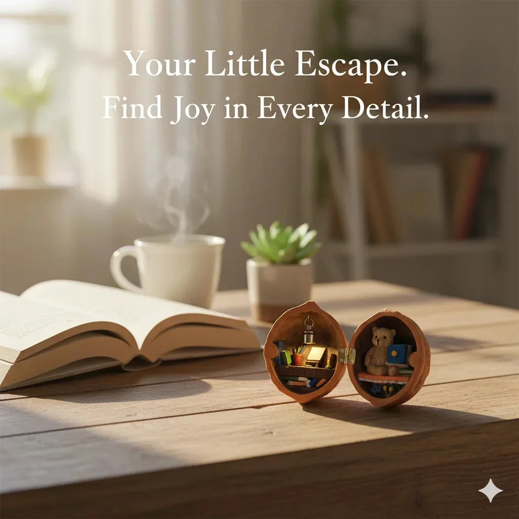 

Walnut Shell Micro World Dollhouse with Handmade Interior Book Desk Bear Light Tiny Diorama Box for Kid Birthday Collectible Use