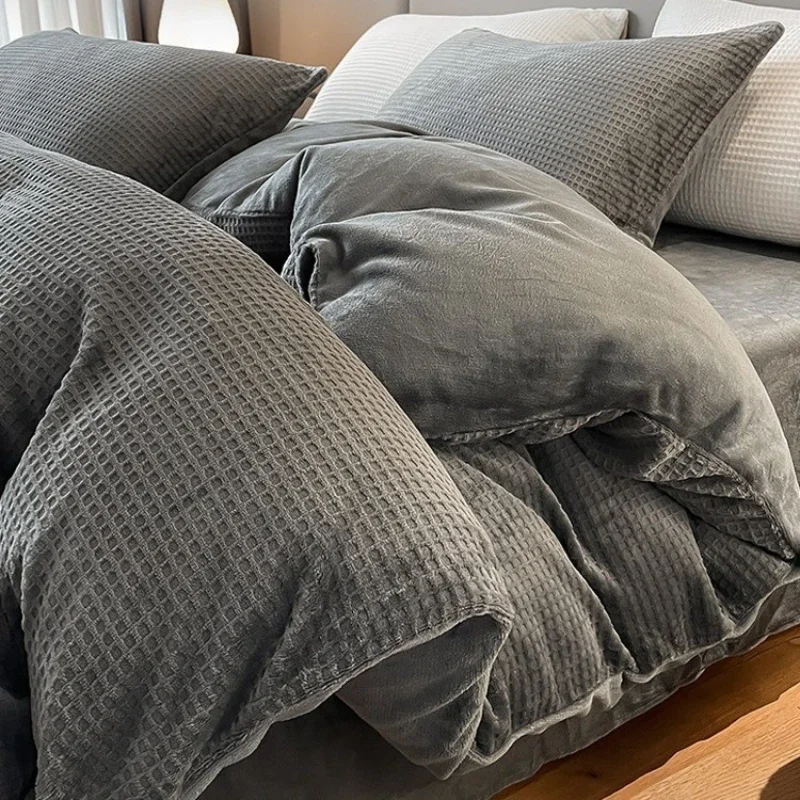 4Pcs Set Winter Waffle Weave Milk Velvet Bedding Set Embossed Coral Fleece Anti-Static No Shedding Soft Duvet Cover Flat Sheet