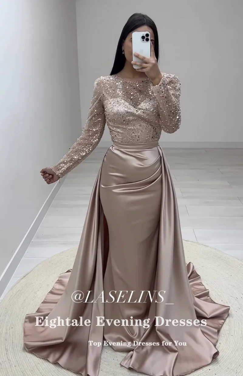 Eightale Luxury Evening Dresses with Detachable Skirt Customized Long Sleeves Satin Mermaid Party Prom Gown Vestidos De Noche