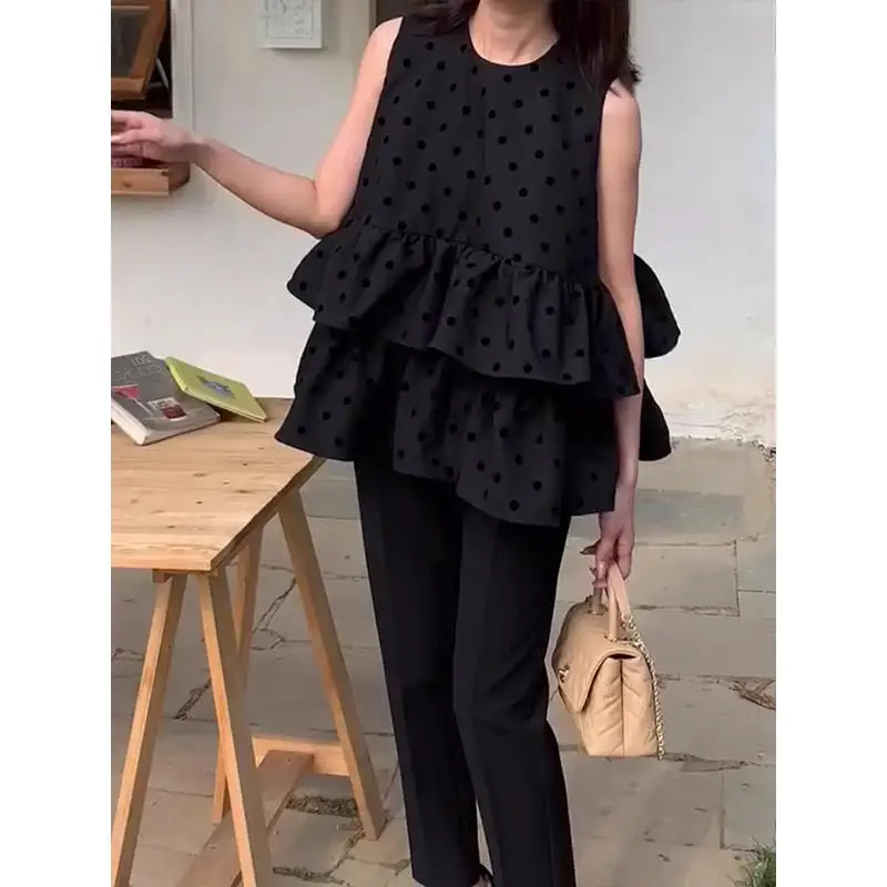 Black Polka Dot Sleeveless Vest Shirt Women's Summer Loose Doll Neck round Top Fashionable Commute Style Splice Element