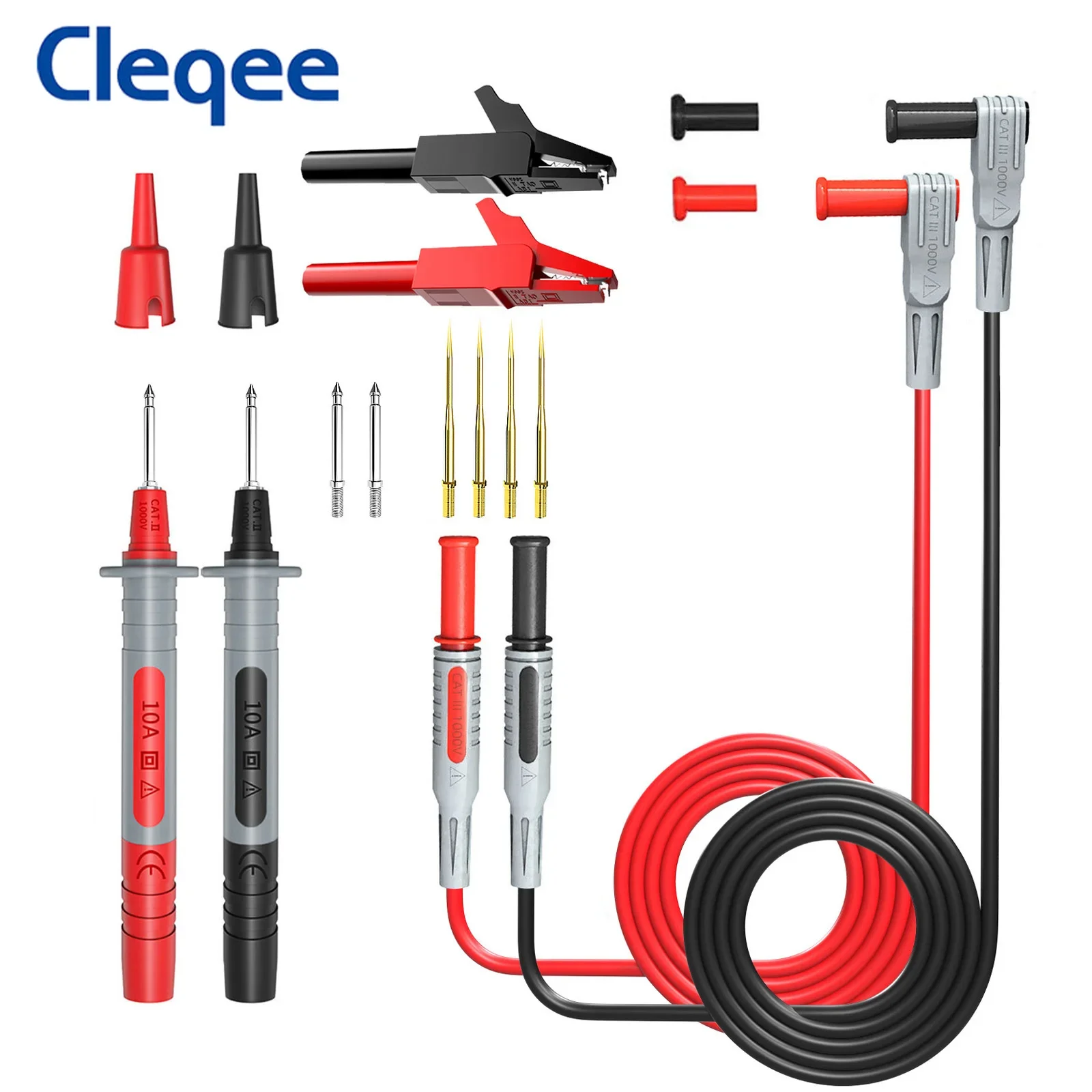 Cleqee P1300B 14 buah Kit prob uji Multimeter Set probe dengan ujung disepuh dapat diganti 4mm steker pisang 1000V