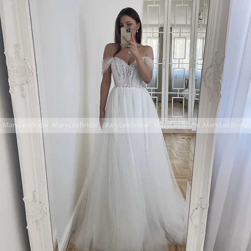 Lightweight Sparkly Boho Wedding Dress Off the Shoulder Sweetheart Neckline Pleats Tulle Straps Beach Bridal Gowns Suknia ślubna