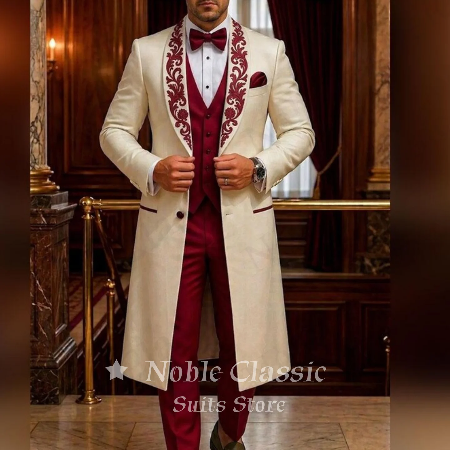 Men 3 Piece Suit Tailcoat Floral Embroidered Shawl Lapel Mid Length Long Coat Waistcoat Pants Wedding Guest Customized