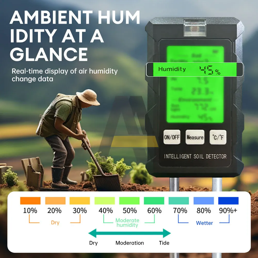 Probador de suelo 6 en 1, PH, temperatura, humedad, fertilidad, luz solar, alta precisión, jardinería doméstica, herramienta de plantación de bonsái