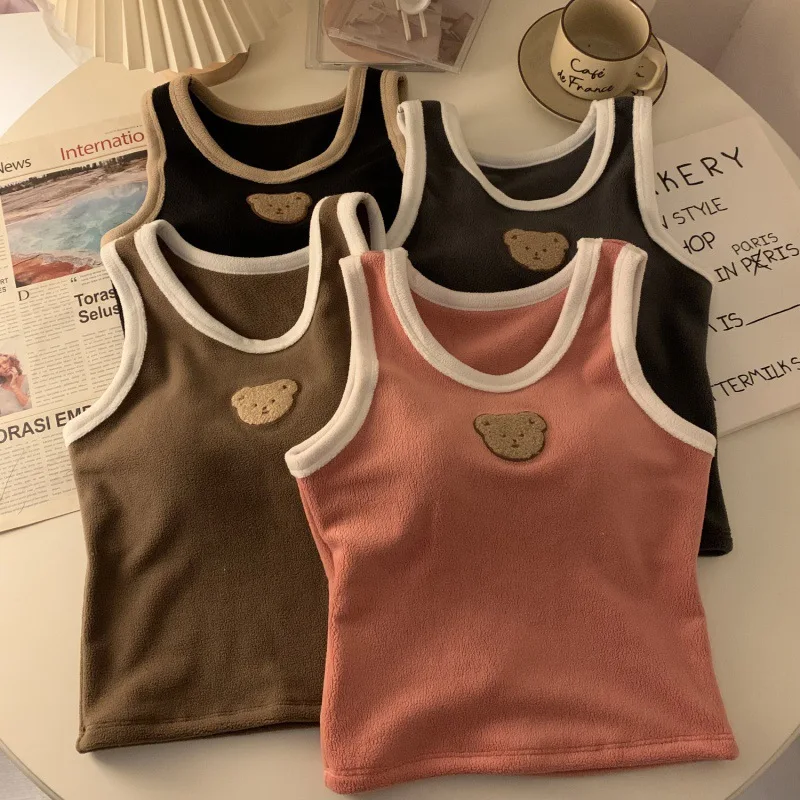 

Little Bear Color Blocked Plush Thickened Camisole Tank Top for Women's Autumn and Winter Large Size Warm Inner Layup Bottom Top