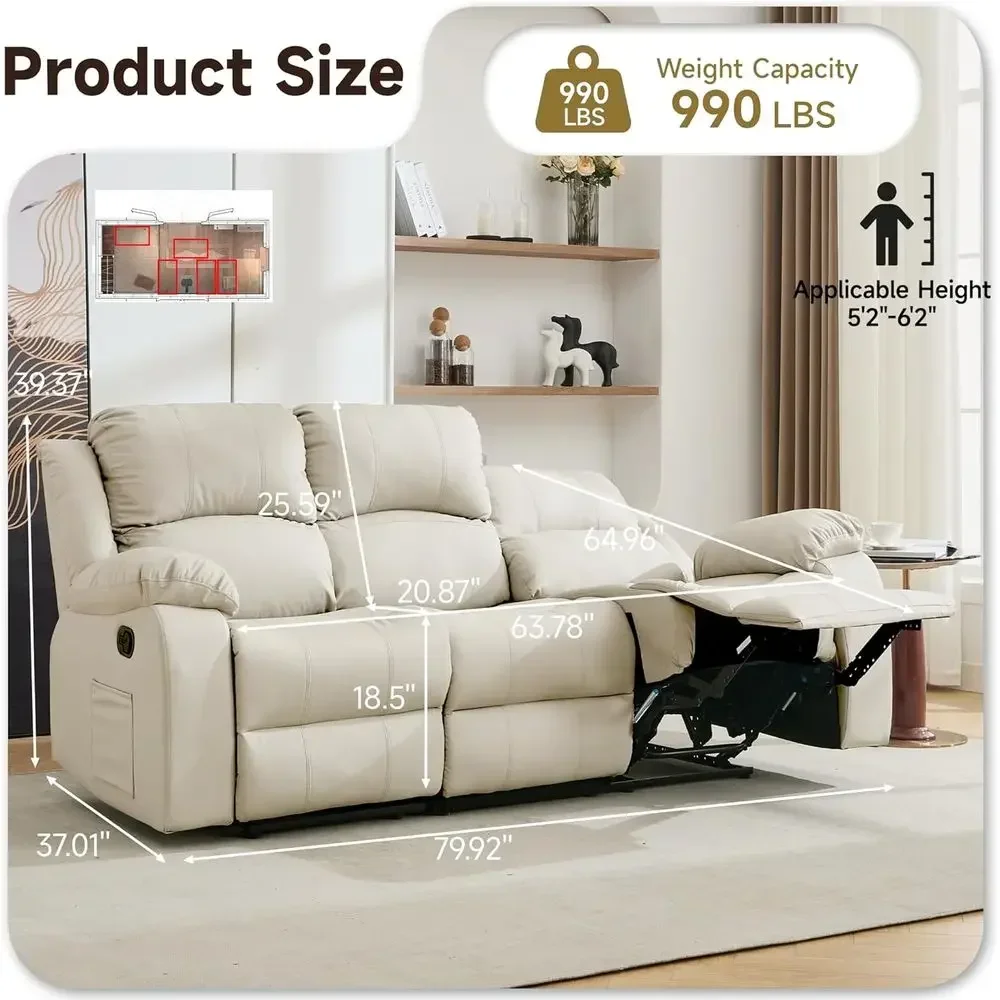Reclining Loveseat Soa Leather Recliner Soa 3 Seater Couch or Living Room, Home Theater Seating(3 Seat,Beige)