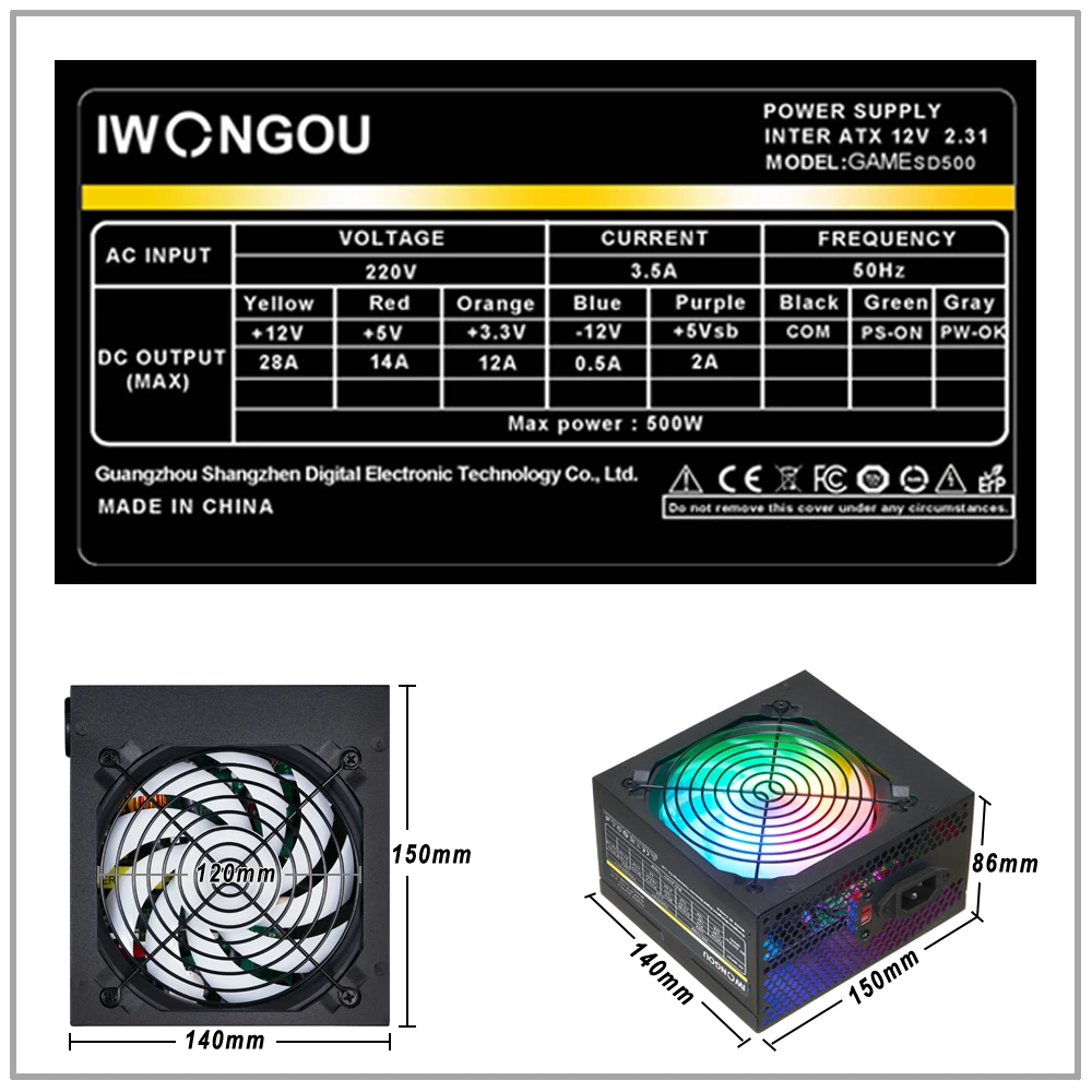 IWONGOU PC Power Supply MAX 600 Watt 24pin 12v Atx Active PFC Font For Gaming Desktop GAMESD600 PSU 115V-230V