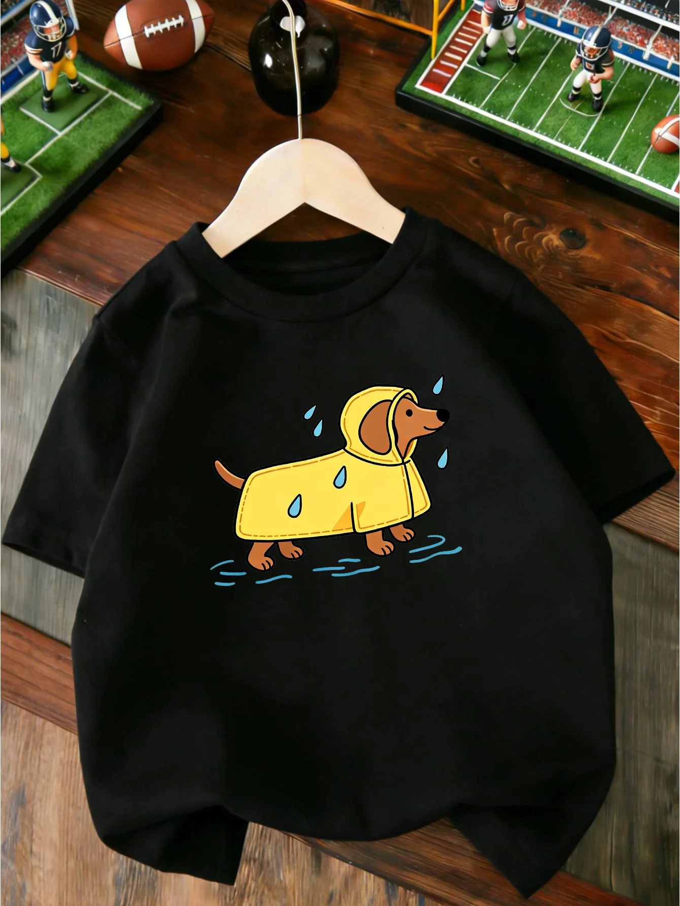 Adorable Cartoon Sausage Dog With Rain Drops Graphic T Shirt Boys Girls Casual Short Sleeve Tee Family Matching Kids Cotton Tops
