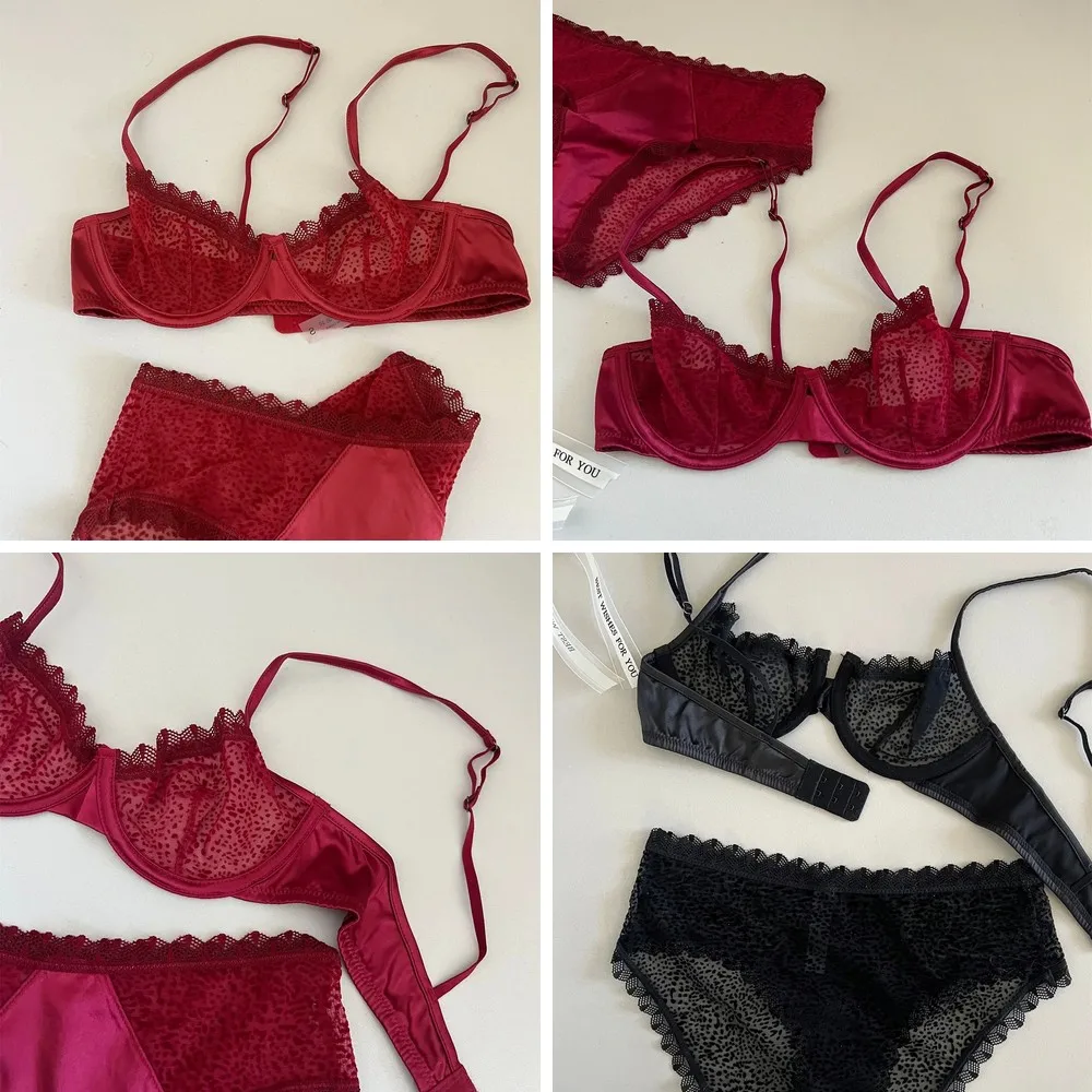 

Sexy Velvet Lace Bralette Set with Steel Ring Support, Push Up Underwear for Women