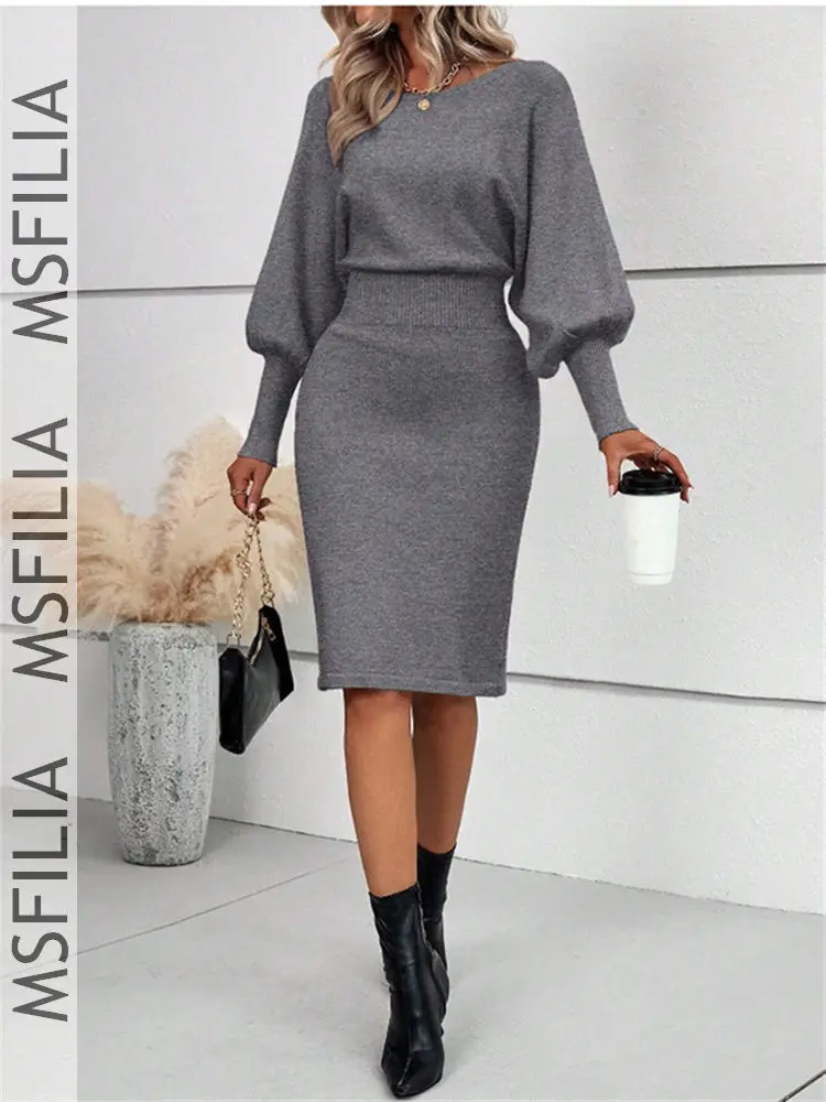 Msfilia Women's Spring/Fall Solid Color Knit Sweater Dress, Elegant Crew Neck Long Sleeve Bodycon Dress with Cinched Waist