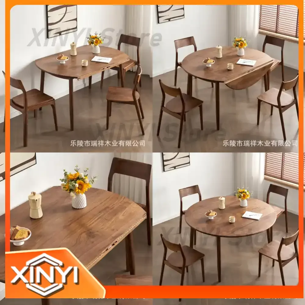 Foldable Round Dining Table for Home Use in North American Black Walnut Wood Nordic Minimalist Design for Small Apartments