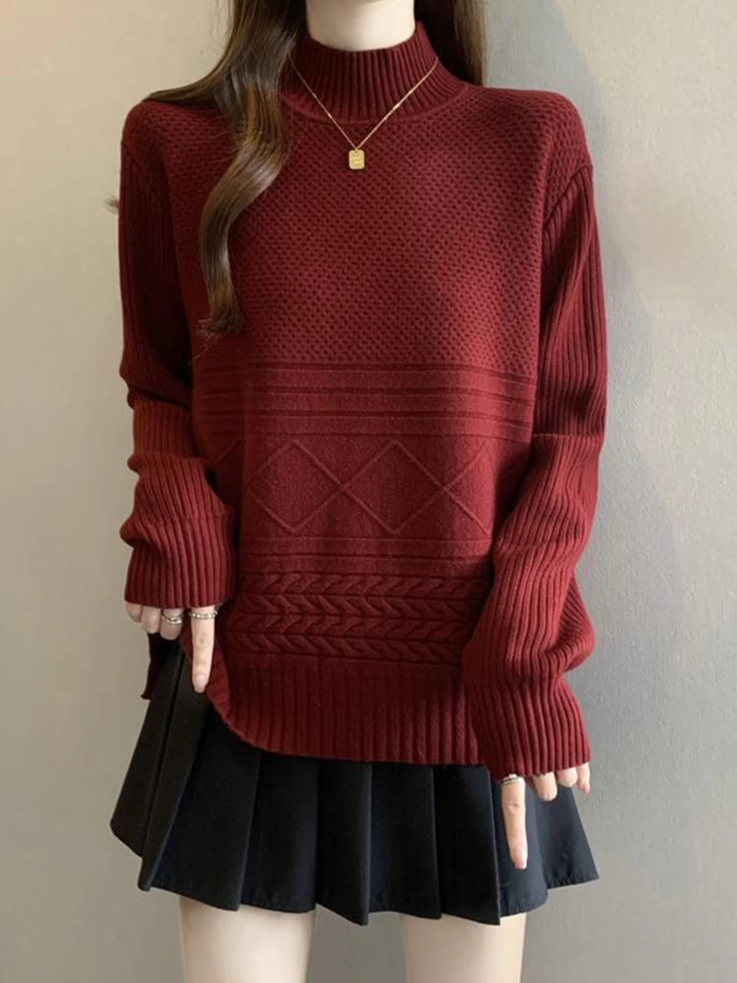 

Red Knitted Base Layer irt Women's Autumn Winter plus Size Conceal Meat Slimming High Collar Inner Wear Overhead Sweater
