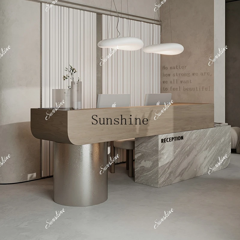 

Light luxury lady beauty salon front desk stainless steel clothing store counter solid wood custom bar table FT