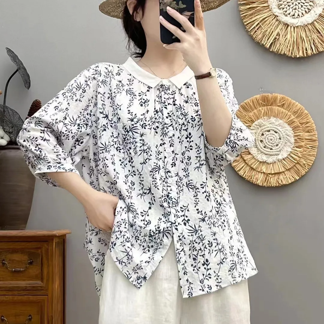 New Summer Cotton 3/4 Sleeve Shirt Lapel Print Top Girl Casual Vintage Chic Loose Versatile Commute Blouse 2024 Autumn T46930QC