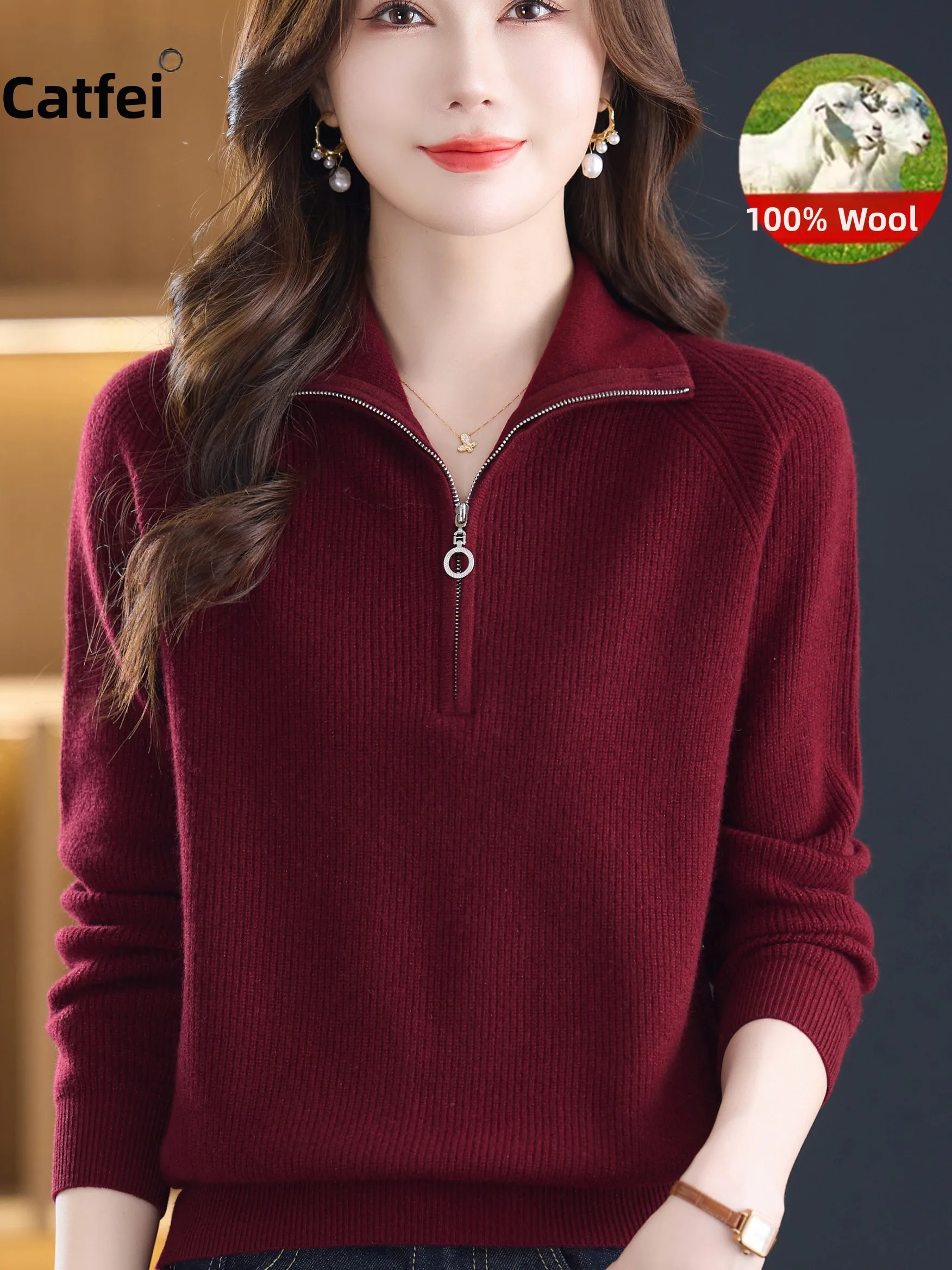 

Осенне-зимний женский шерстяной трикотаж 00 с воротником на молнии, свободный крой, повседневный модный базовый слой, топ