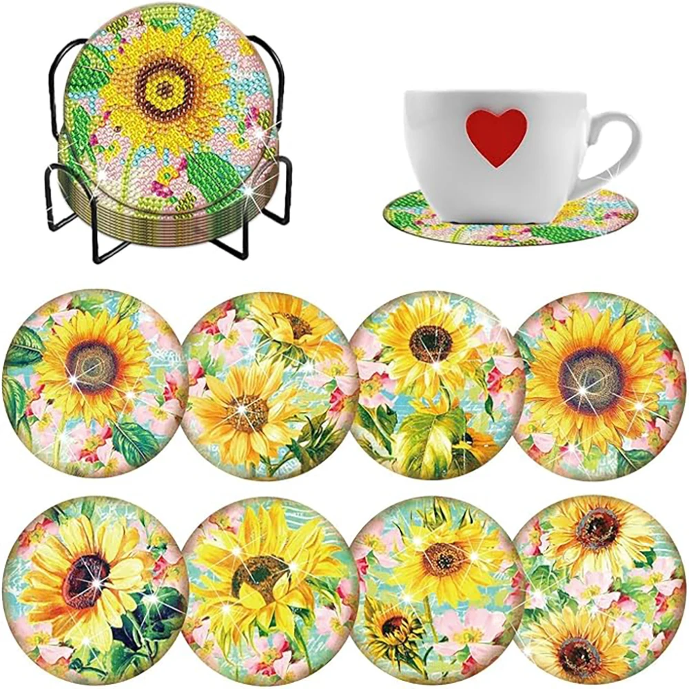 

8 pieces/set of sunflower flower diamond painted coaster set, sparkling water diamond heat-resistant beverage coaster with stand