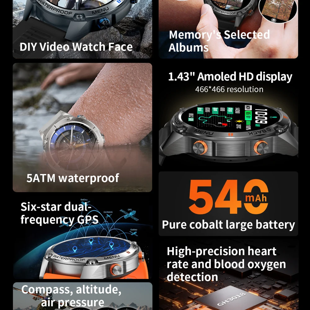Jam Tangan Pintar GPS Luar Ruangan Layar AMOLED Kompas Barometrik Altimeter Album Panggilan BT Jam Tangan Pintar Pengingat Informasi Panggilan Video