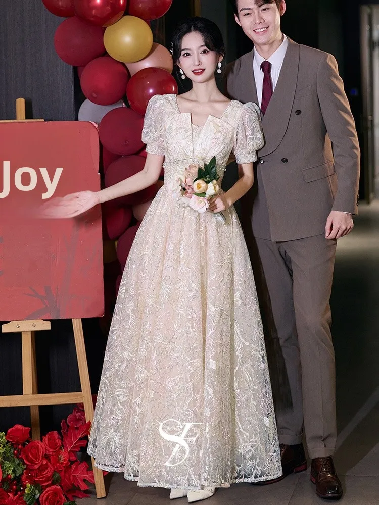 

New Chinese Sle Wedding Dr Bubble Sve Bride-to-be Ceremony Dr Autumn Winter High End Court Sle Long Evening Gown