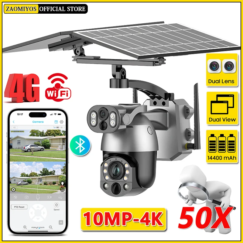 4K 50X ZOOM Solar Camera 10MP 4G SIM 360° Outdoor PTZ Dual Lens Human Tracking Surveillanc WIFI Security Camera PIR Night Vision