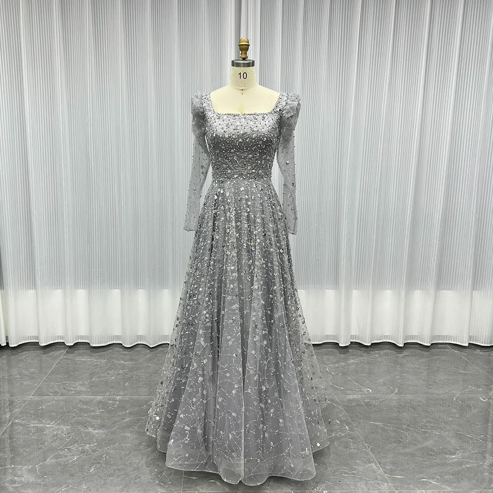

YQLNNE Элегантные серебряные вечерние платья с длинными рукавами и квадратным воротником, расшитые бисером и блестками, вечернее женское бальное платье